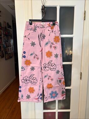 easel Pink Floral Wide-Leg Pants with Multicolor Blooms